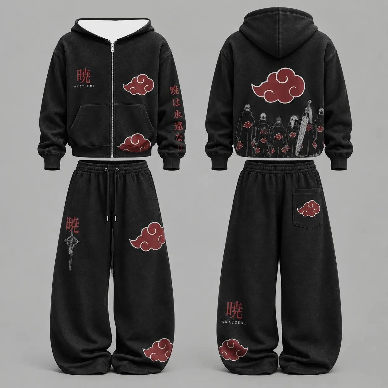2026 Naruto Akatsuki 2-piece Retro Zipper Hoodie Wide Leg Pants Red Cloud Anime Character Printed Street Sportswear Sportswear