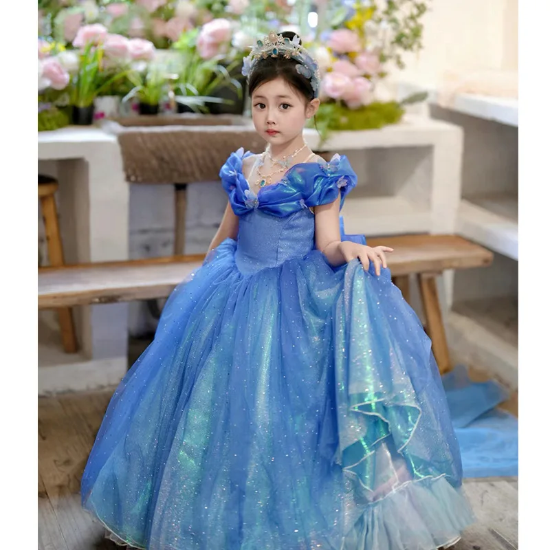 Kids Girl Dress 2-10Y Formal Occasion Blue Ball Gown Off Shoulder Cinderella Costume Birthday Carnival Cosplay Vestidos Luxury