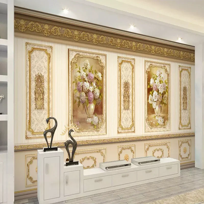 Custom European Luxury Garden Flower Gold 3D Wall Cloth Living Room Sofa TV Background Decorative Mural Wallpaper Wall Painting