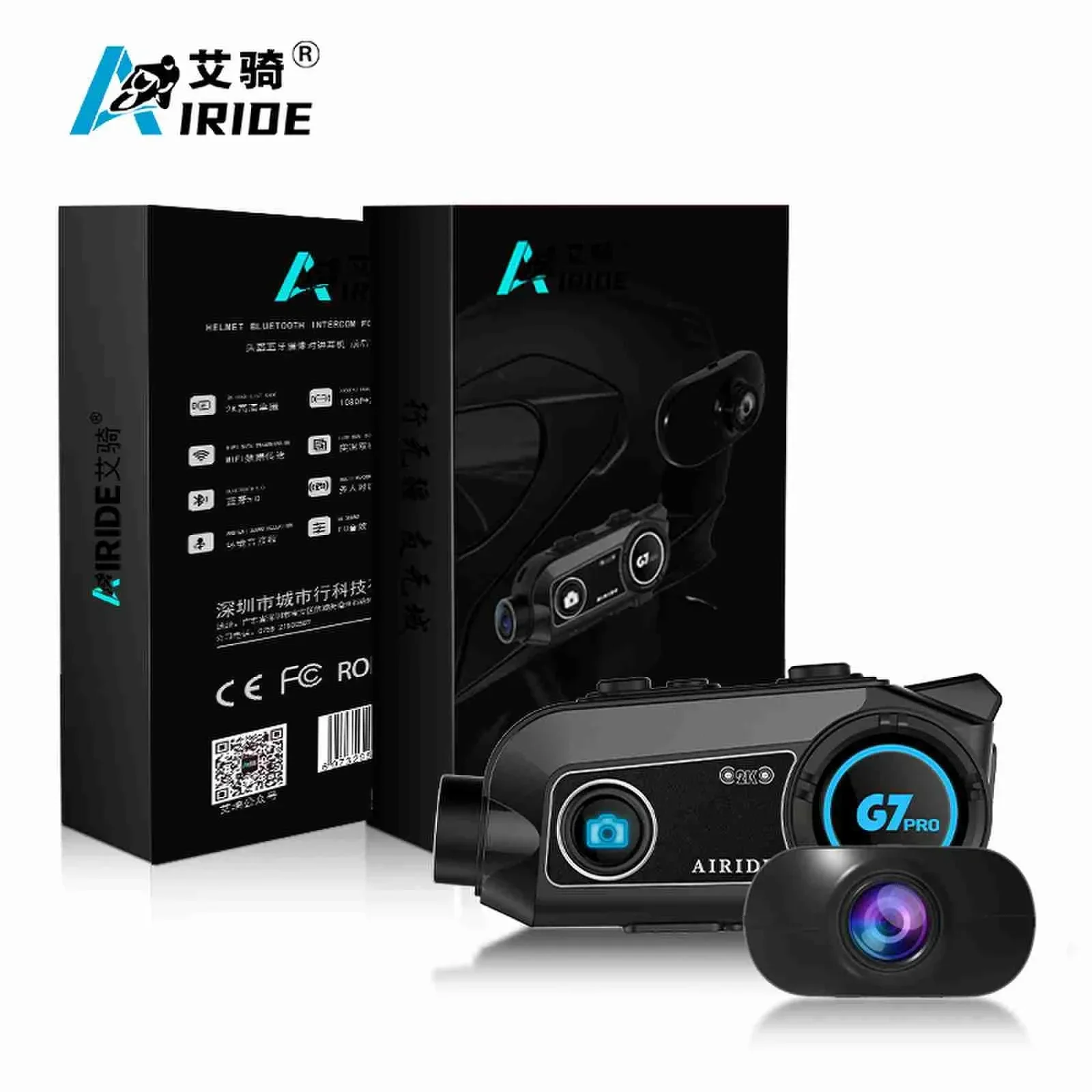 AIRIDE G7 PRO Helmet Bluetooth Headset for Motorcycles Front and Rear Dual 2K Camera Driving Recorder Wireless Intercom Earphone