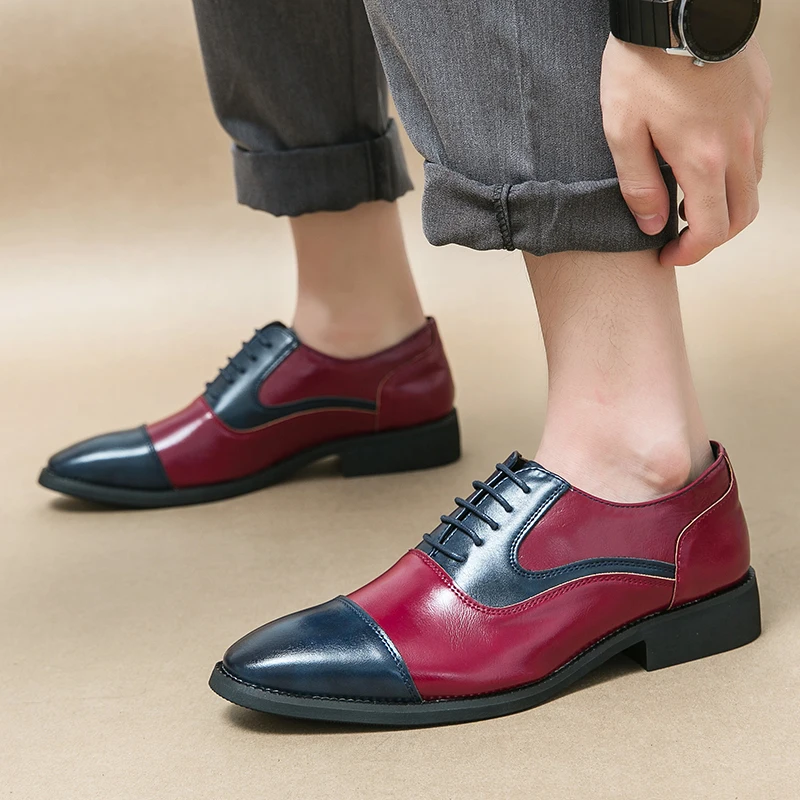 Fashionable color blocking style men's leather shoes Trendy and versatile style walking leather shoes for business event parties