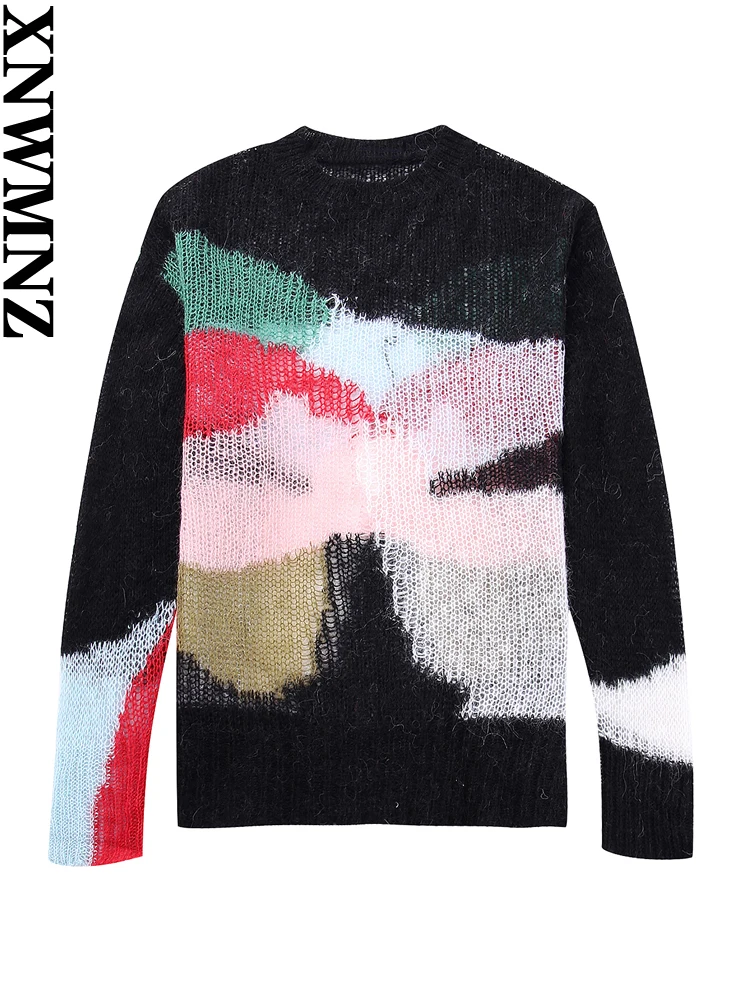 XNWMNZ Women's Fashion 2023 Autumn Colour Block Knitted Sweater Women High Street O Neck Long Sleeve Versatile Female Pullover