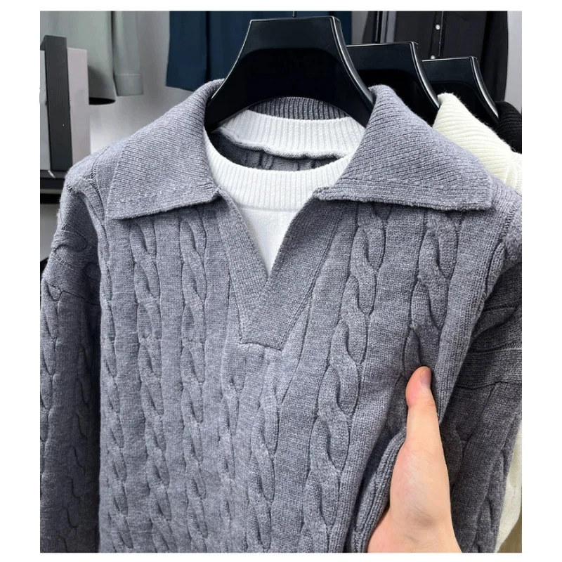 Retro Fake Two-piece Lapel Sweater Men's Autumn Winter Loose Warm Twist Knitted Casual Sweaters Pullover Knitwear Tops XXXL Grey