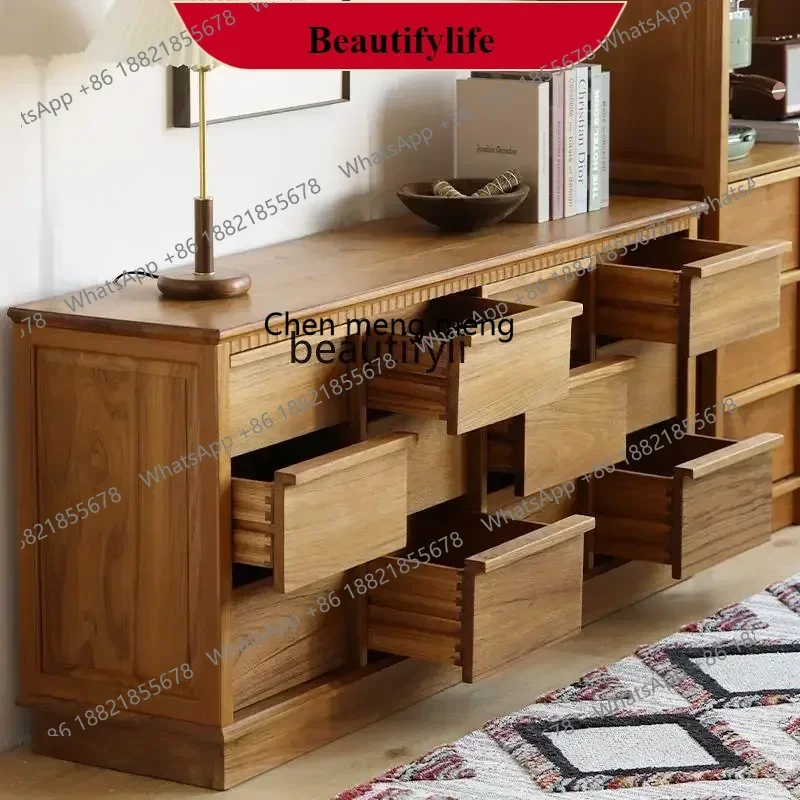 G153 Full log chest Myanmar teak bedroom storage cabinet bone grid line bedside retro multi-chest customization