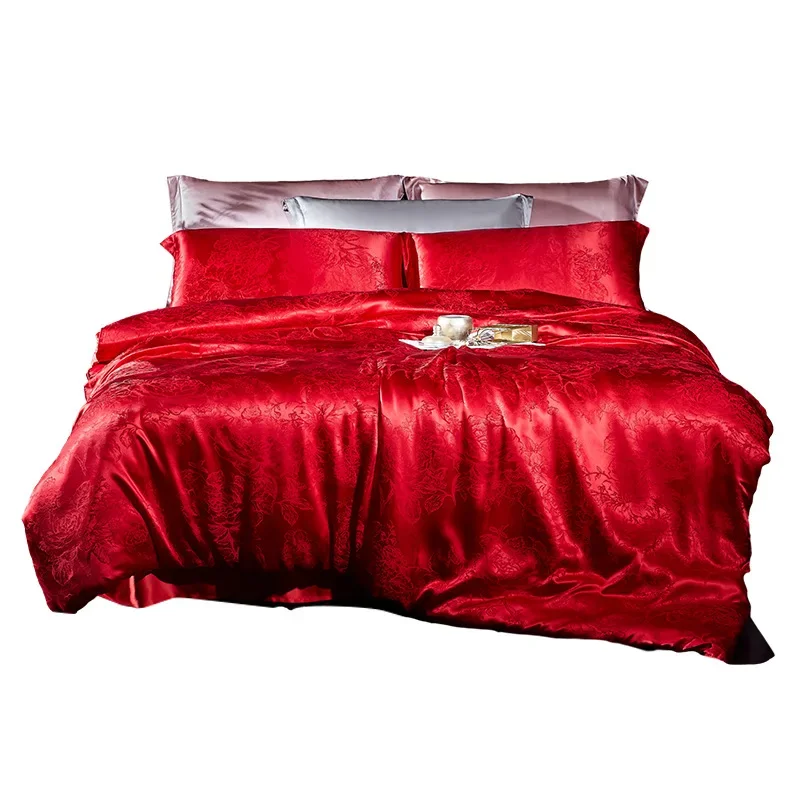 Silk bed wedding four-piece wedding 100% mulberry silk jacquard princess bed sheet quilt set