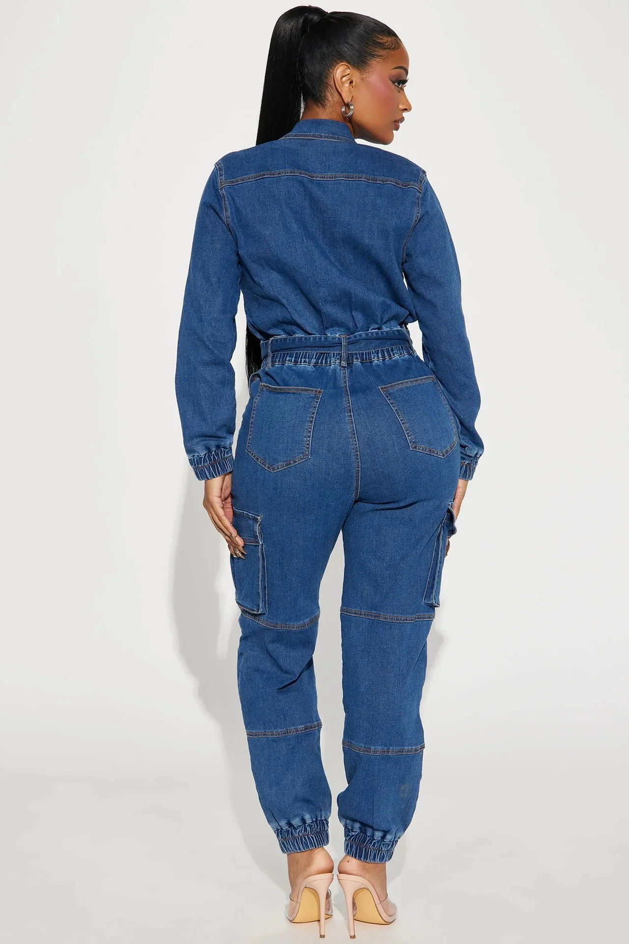 Women Jumpsuit Autumn Winter Fashion Slim Tight Waist Elastic Denim Overalls Romper Lady Casual Pocket Belt Cargo Jeans Jumpsuit