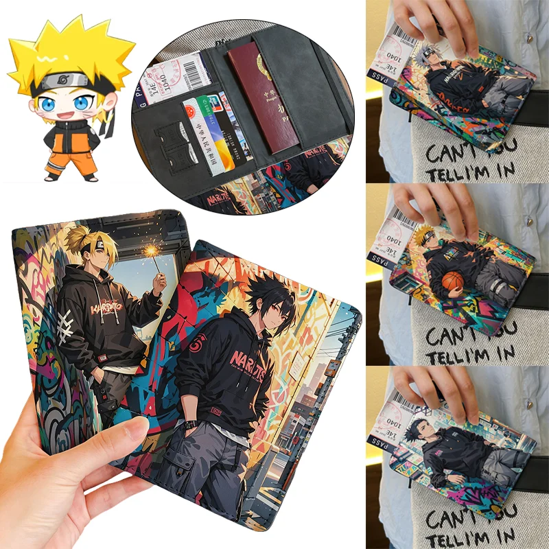 Porta pasaporte de Naruto, accesorios de viaje de cuero PU a la moda, billetera de dibujos animados, tarjetero, funda protectora para pasaporte