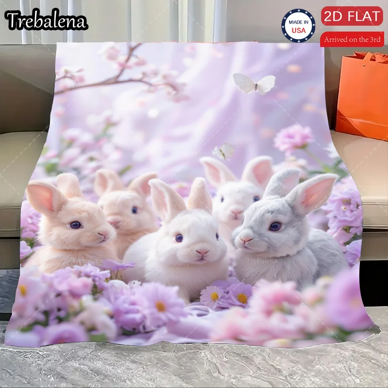 Flannel Blanket-Soft Lightweight All-season Adorable Bunny Floral Print Soft Baby Blanket for Boys Girls