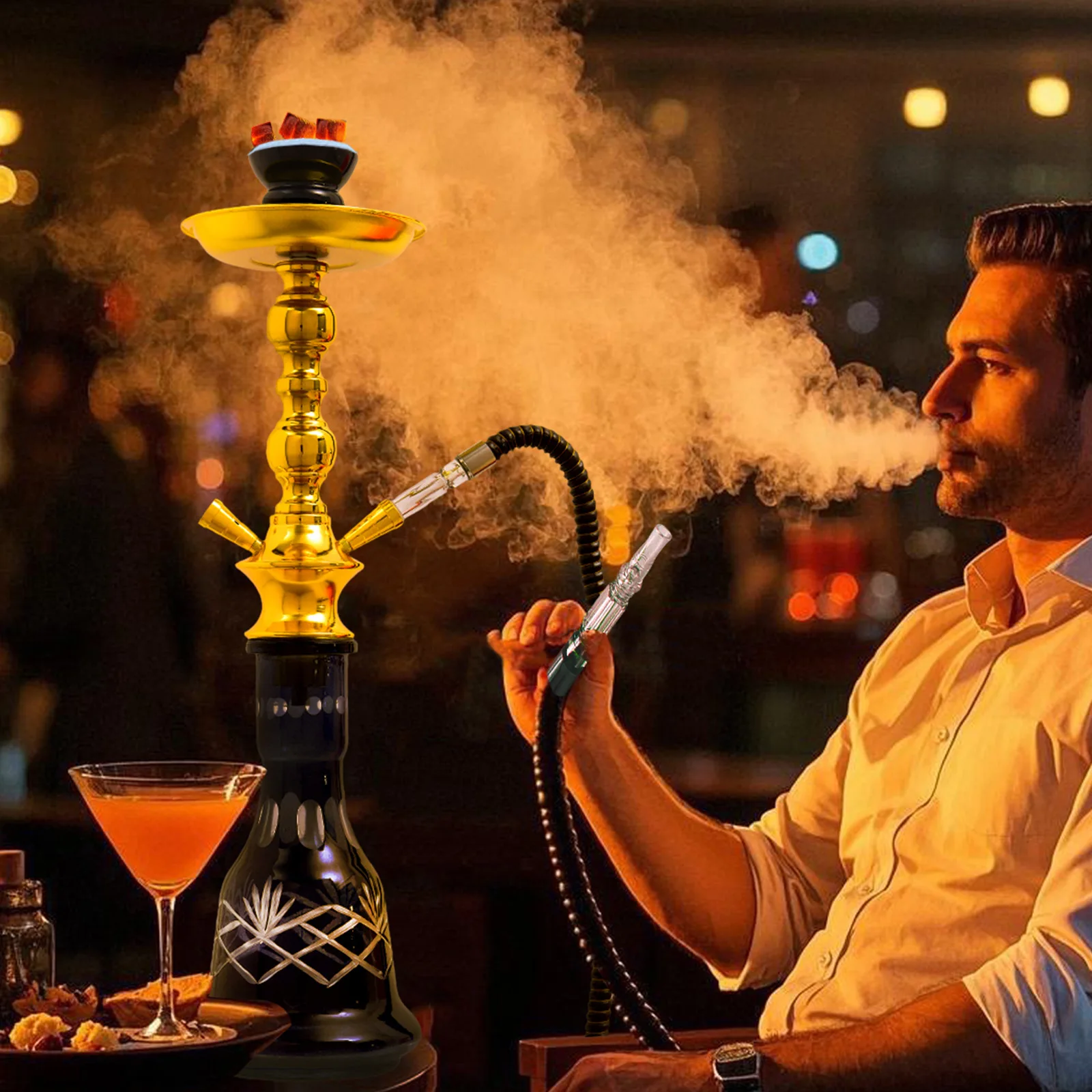Double tube medium-sized Arabic hookah, medium-sized pot, metal high-end KTV bar glass pipe