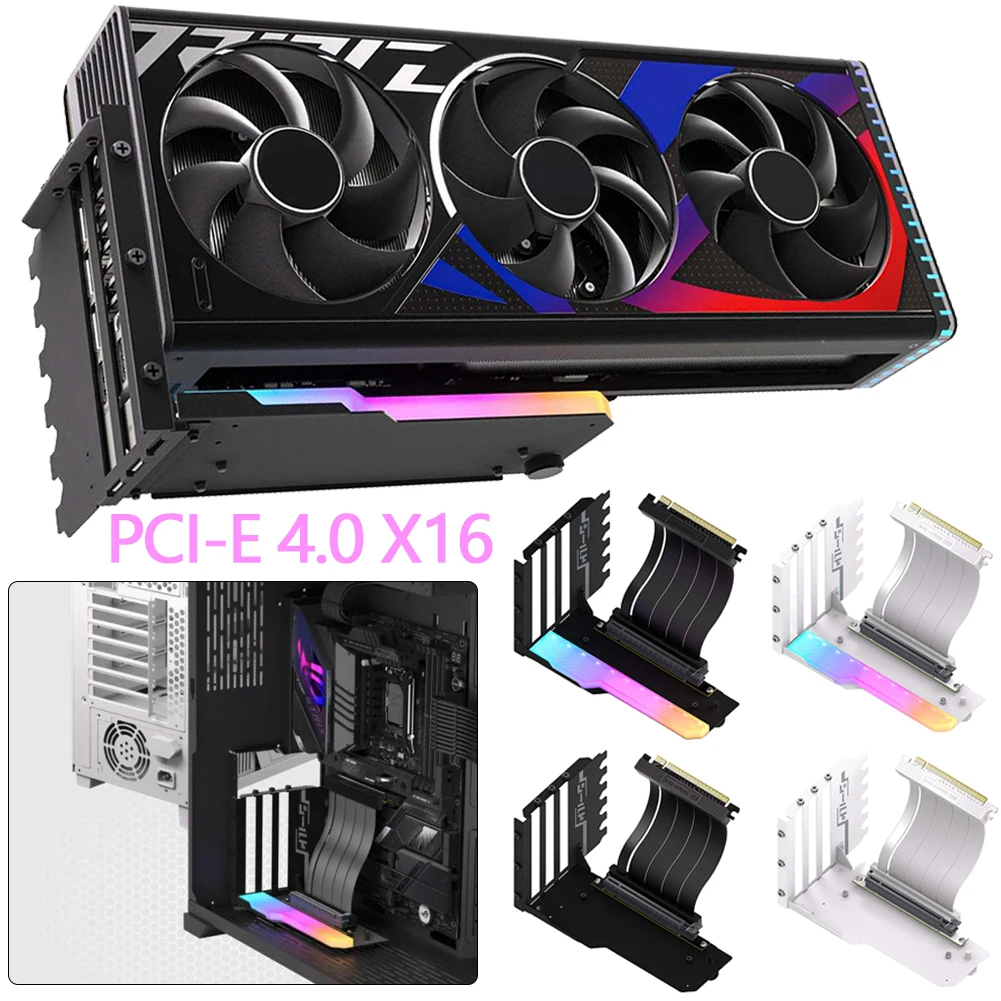 Vertical GPU Mounting Bracket Graphics Card Holder Kit with 15cm PCI-E 4.0X16 Riser Cable 90 Degree Right Angle GPU Mount for PC