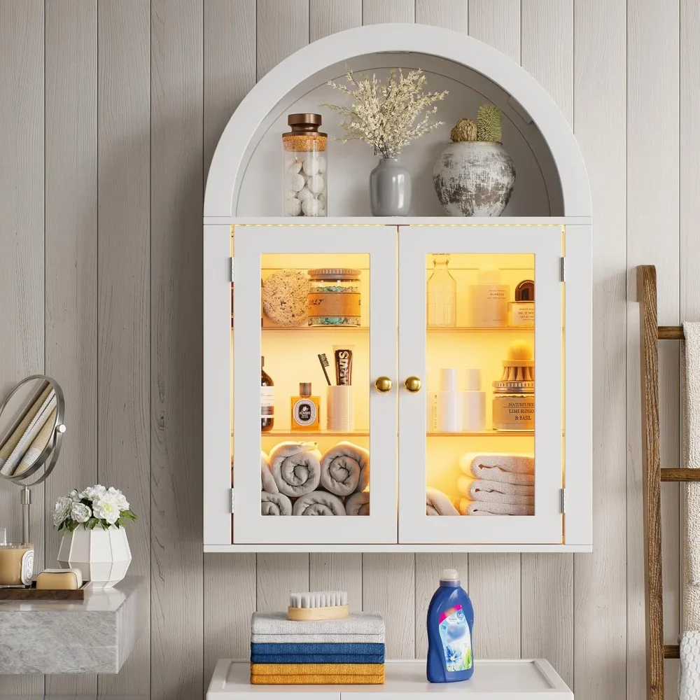 

Bathroom Arched Wall Cabinet, Over The Toilet Storage Cabinet, Wall Mounted Cabinet with Tempered Glass Doors & Adjustable Shelv