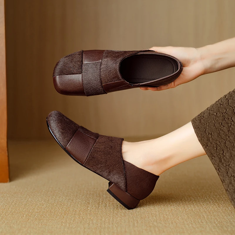 

2026 Fashion Horsehair Loafers for Women Genuine Leather Shoes Slip-on Comfortable Versatile Commuter Soft Patchwork Daily Dress