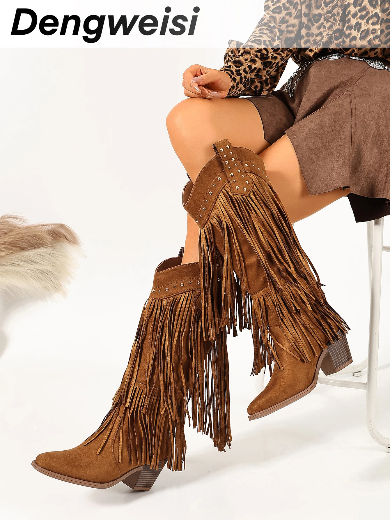 Damen-Langstiefel, Retro-Quasten-Westernstiefel, Damen-Herbst- und Winterstiefel mit dickem Absatz, mittelhohe Stiefel im Wasteland-Stil, vielseitige Modestiefel – Detail 3
