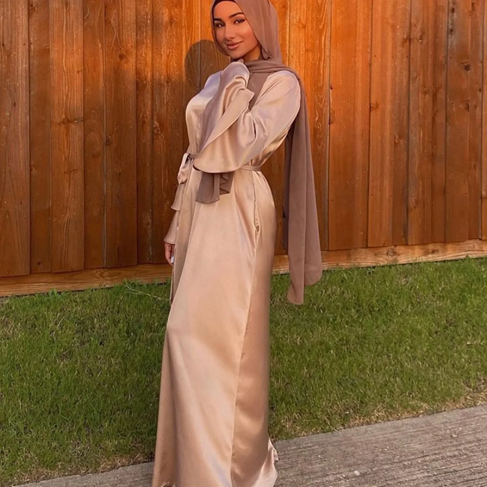 Soft Solid And O-Neck Waist Women's Sleeve Ankle Fashion Dress Color Long Satin Muslim Clothes Long Sleeve Cardigan Maxi Dress