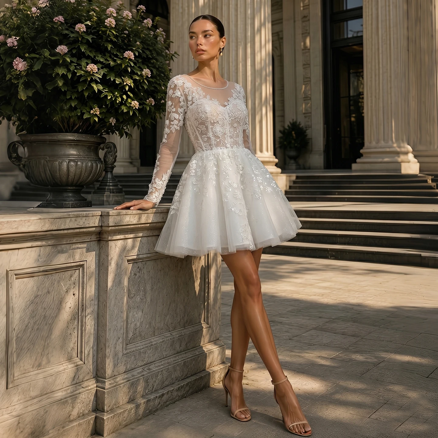 Sheer Fairy 2026 Women' s Elegant Wedding Dress with Button Back Sheer Long Sleeve Lace Mini Floral Bridal Gown SW721 Customized