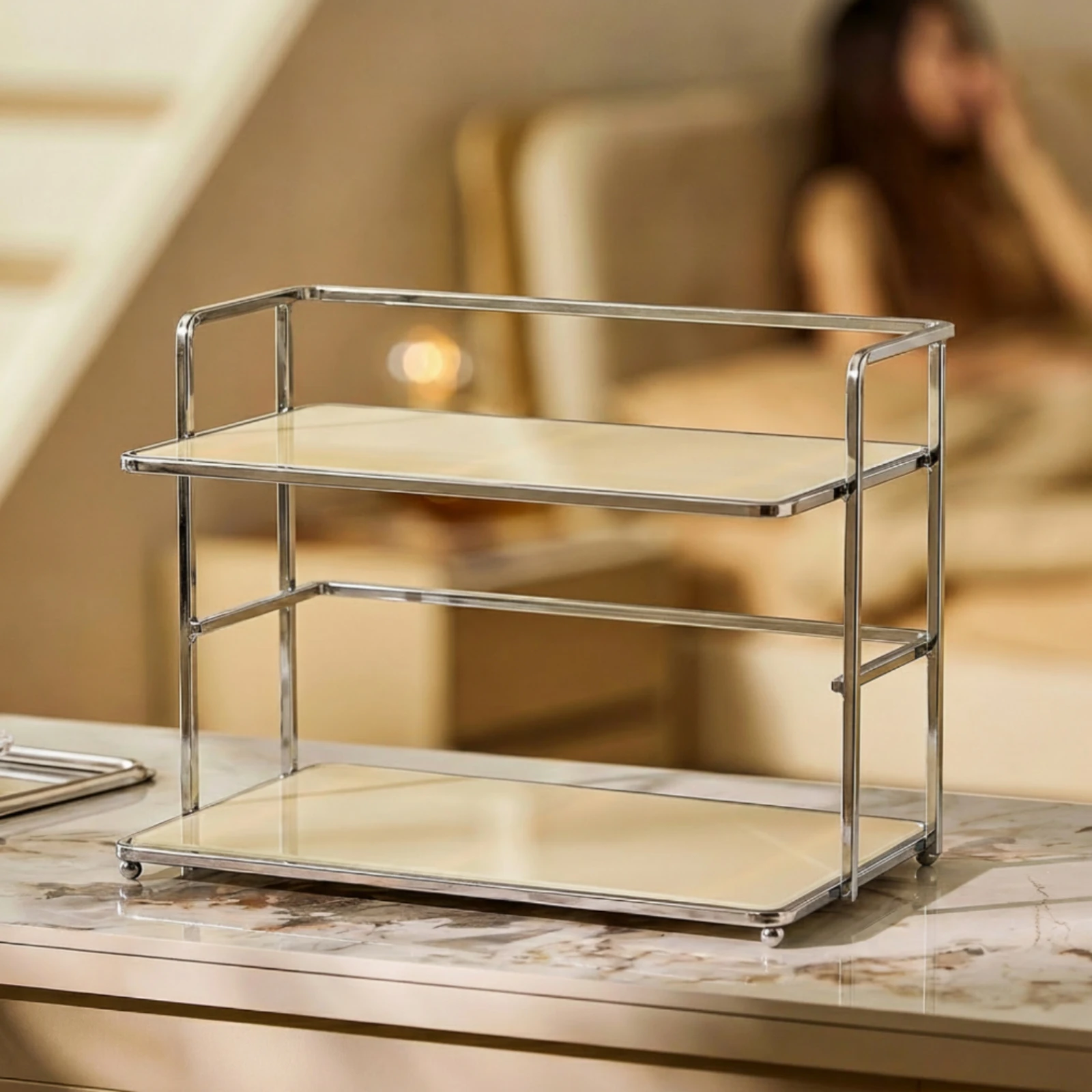 Tabletop Storage Rack Low-Profile Desktop Organizer with Wheels 2-Tier Mini Cart Long-Lasting Metal Rolling Cart Rust-Resistant