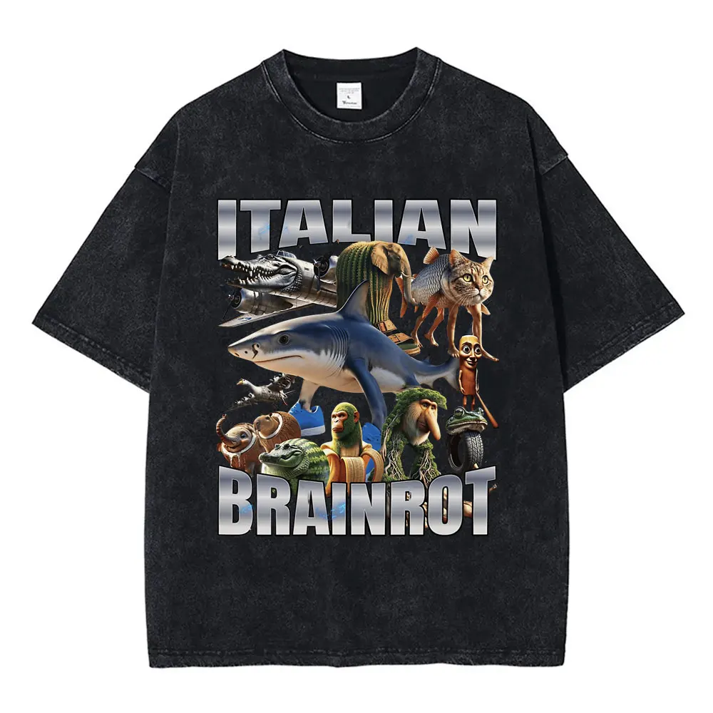 

Italian Brainrot Tralalero Tralala Tung Tung Tung Sahur Bombardiro Crocodilo Funny Washed T-shirt Men Casual Humor Style T Shirt
