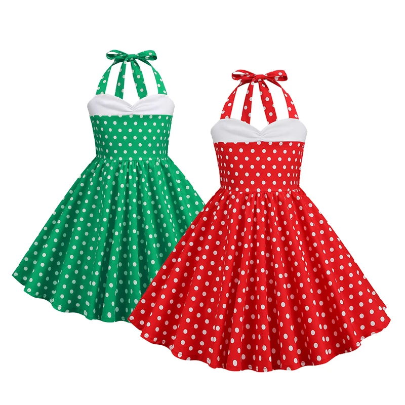 Polka Dots Girls Dress Summer Hanging Neck Patchwork Fashion Little Princess Dress Christmas 3 4 5 6 7 8 9 10 Years Kids Clothes