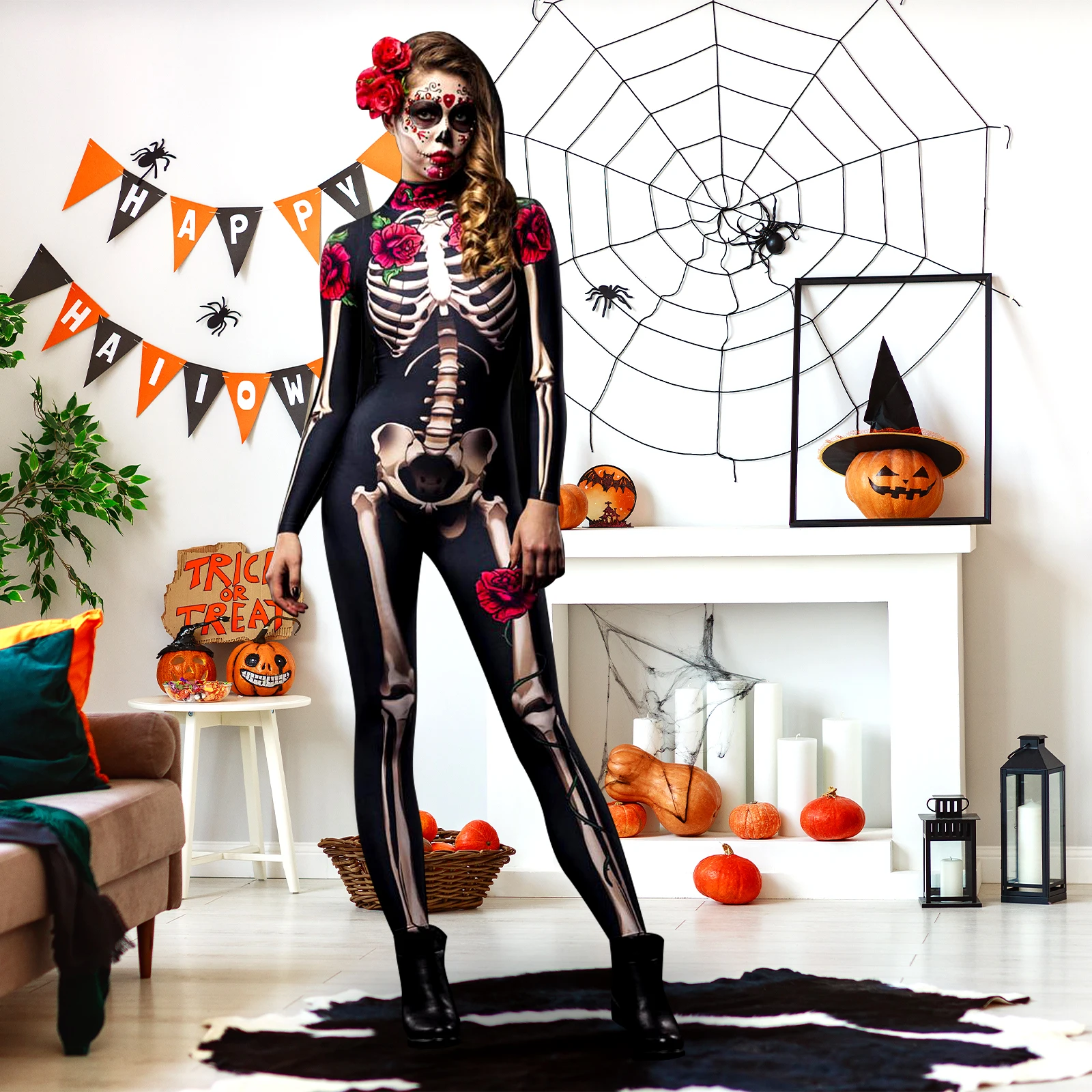 1PCS Party City Day of the Dead Catsuit Skeleton Costume Jumpsuit for Halloween Women\'s Halloween Costume, Dia de Los Muertos