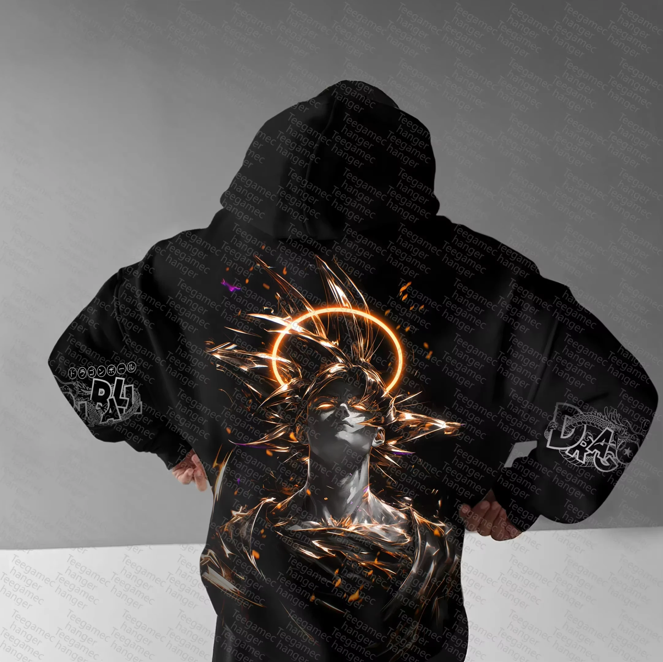 بانداي 2026 جديد Wukong هالة برتقالية هالة تأثير النص طباعة كبيرة الحجم الخريف والشتاء الرجال هوديي الدافئة الوالدين والطفل فضفاض #1