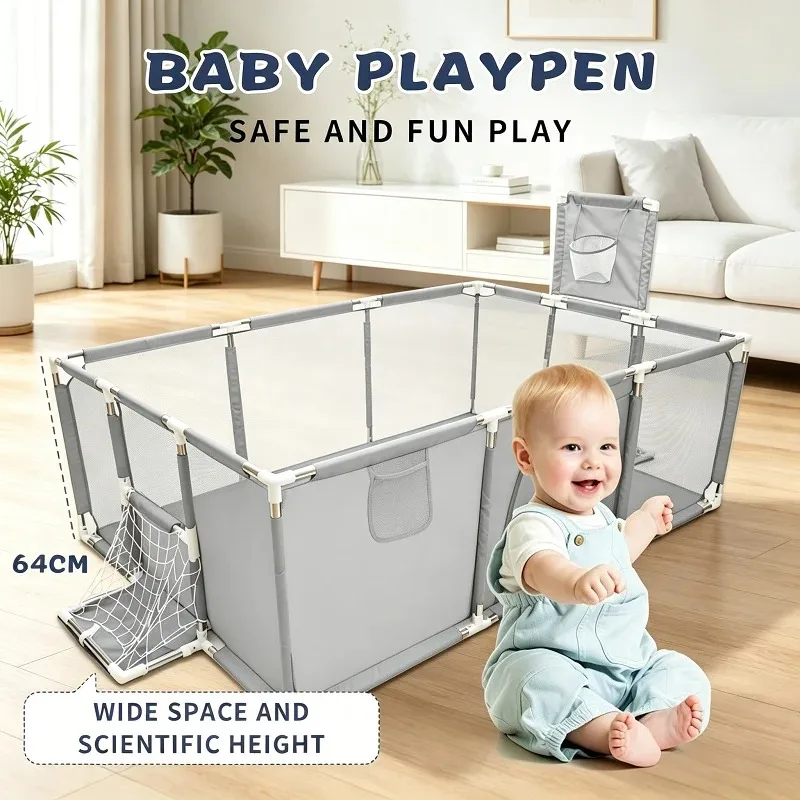 Corralito para bebés con aro de baloncesto, área de juegos para niños pequeños, corralito grande y pequeño con malla transpirable para interiores y exteriores