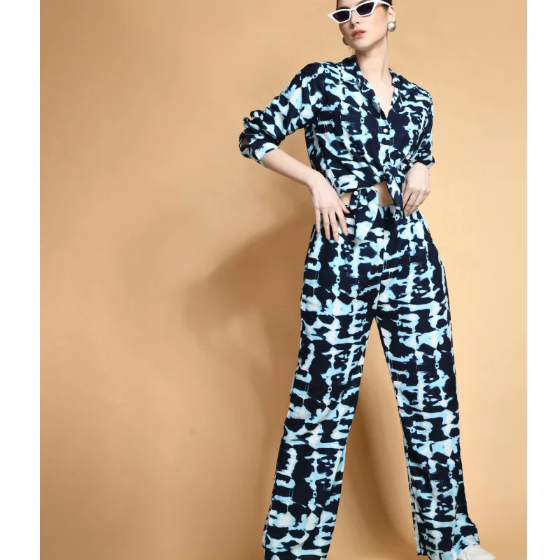

2024 New Women's Fashion Multi-Color Dyed Print Long Sleeve Shirt Straight Leg Casual Pants Set Korean Leisure Style