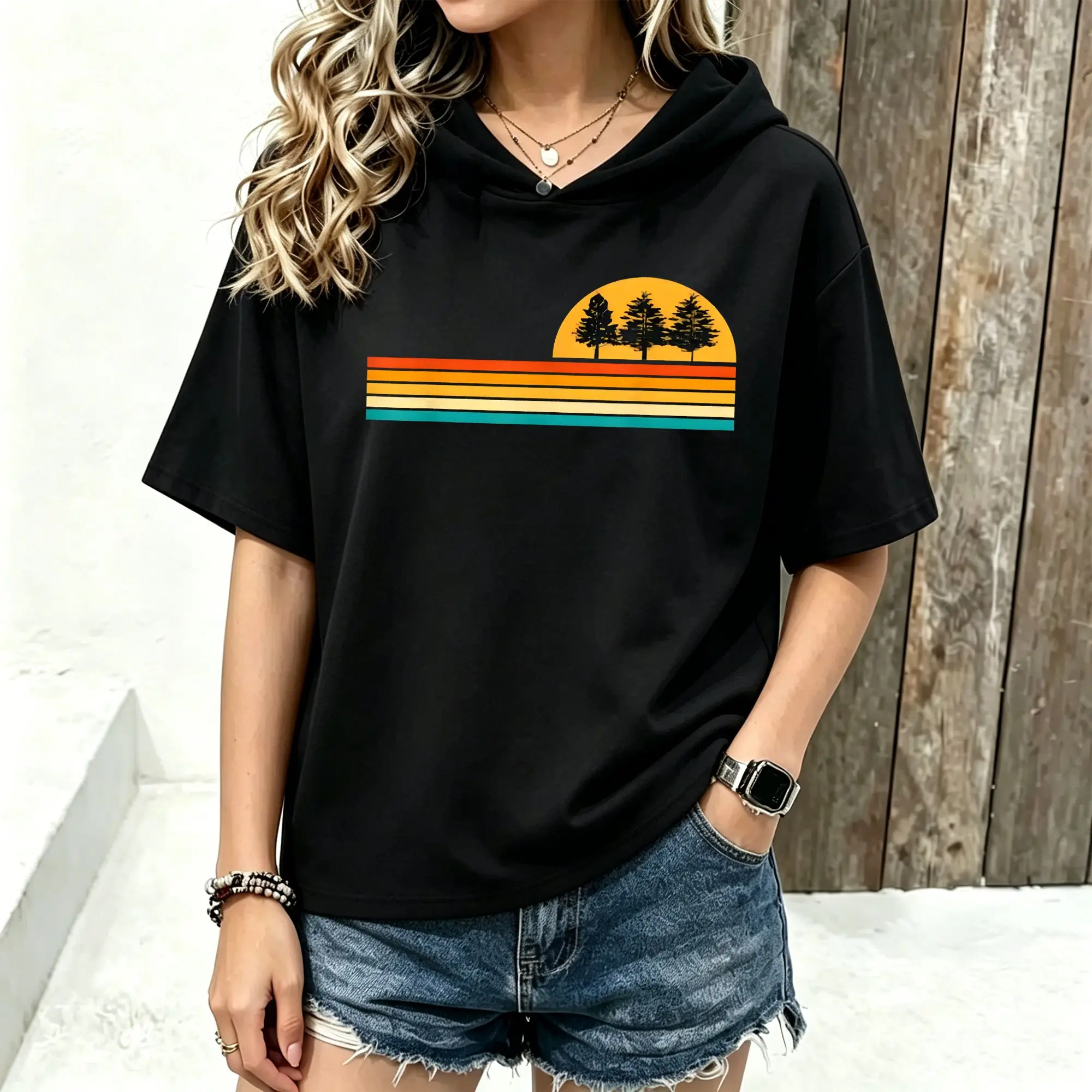 Women Short Sleeve Hoodie Retro Sunset Pine Tree Stripe Print Spring Summer Casual Loose Hooded Tee