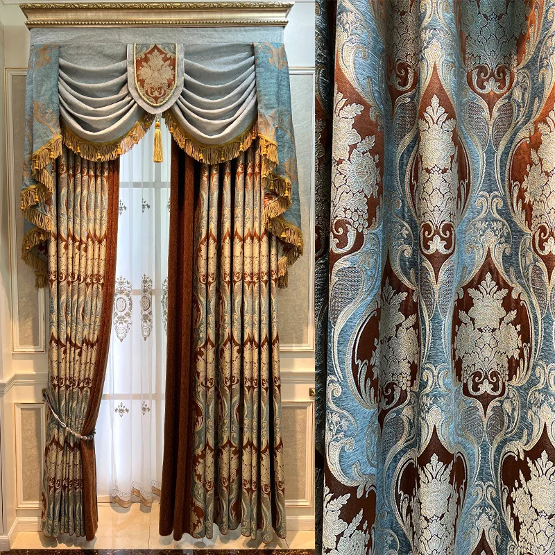 

Custom jacquard villa European bedroom embroidery unlimited high blue cloth blackout curtain tulle valance drape C1695