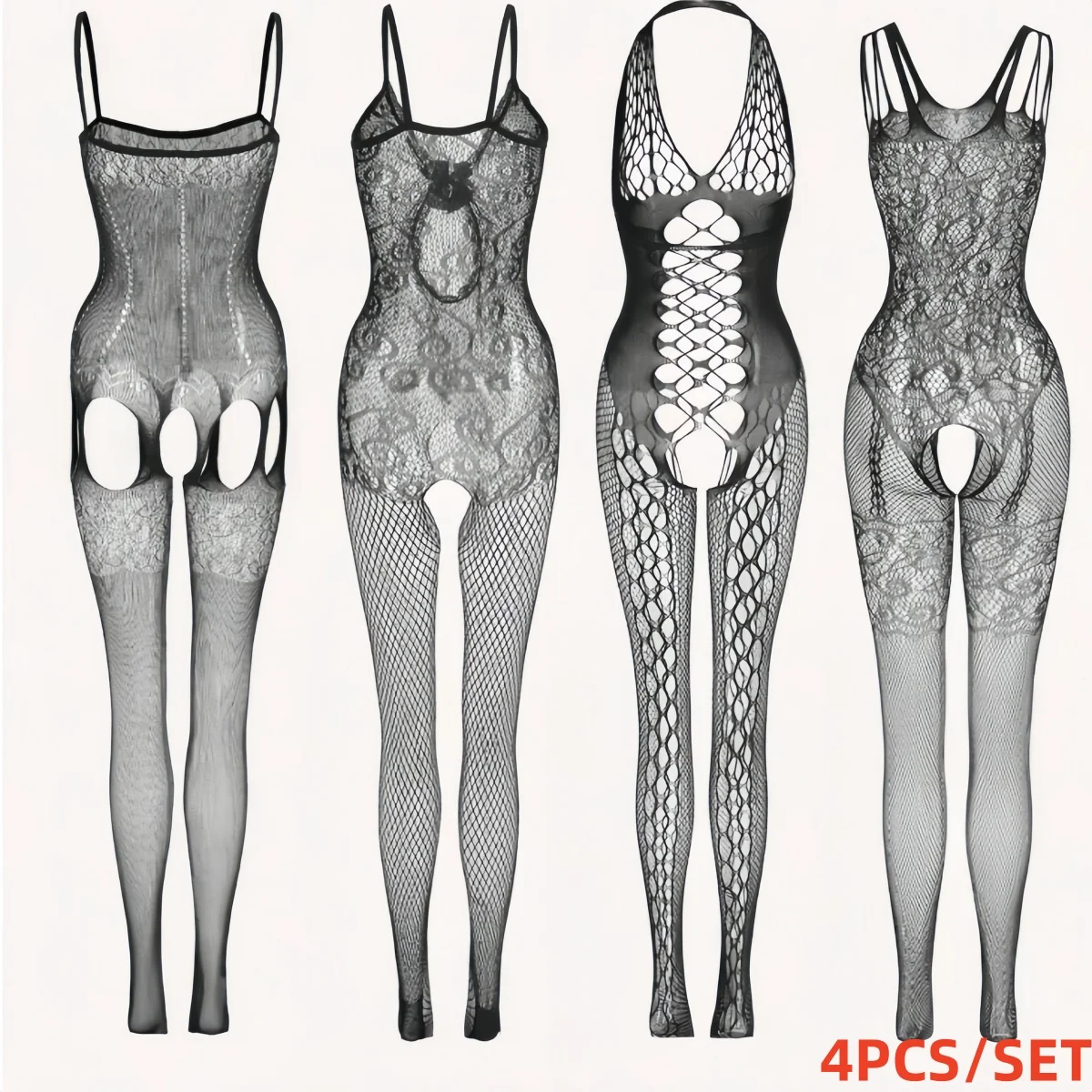 

NEWJOINFUN 4PCS/SET Plus Size Sexy Lingerie for Women Erotic Fishnets Black Bodystockings Underwear Bodydoll Costumes Bodysuit