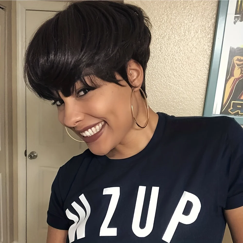 Black Pixie Cut Bob 100% Human Hair Wigs Full Machine Made Wig With Bangs Straight Remy Hair Short Bob Wig For Women