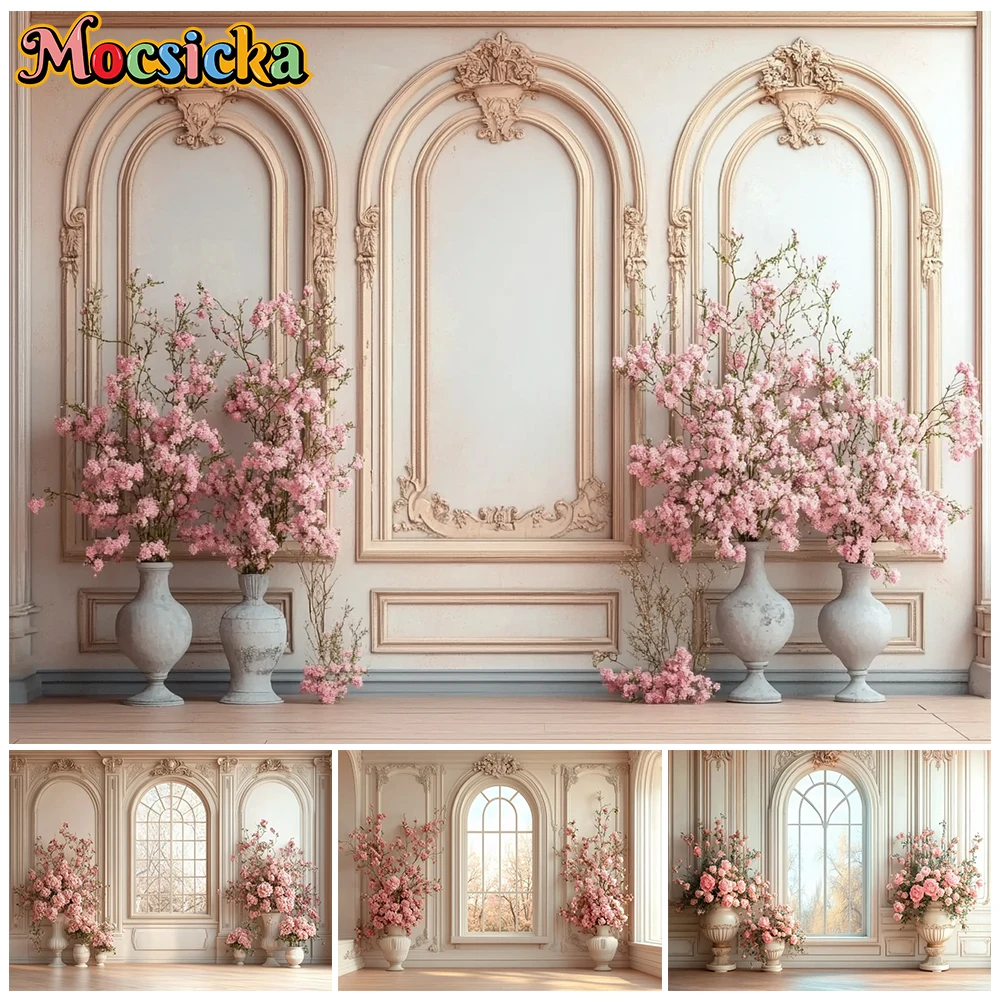 

Mocsicka Pink Wall Photo Background Palace Flowers Wedding Decors Family Women Girls Portrait Photography Backdrop Studio Banner