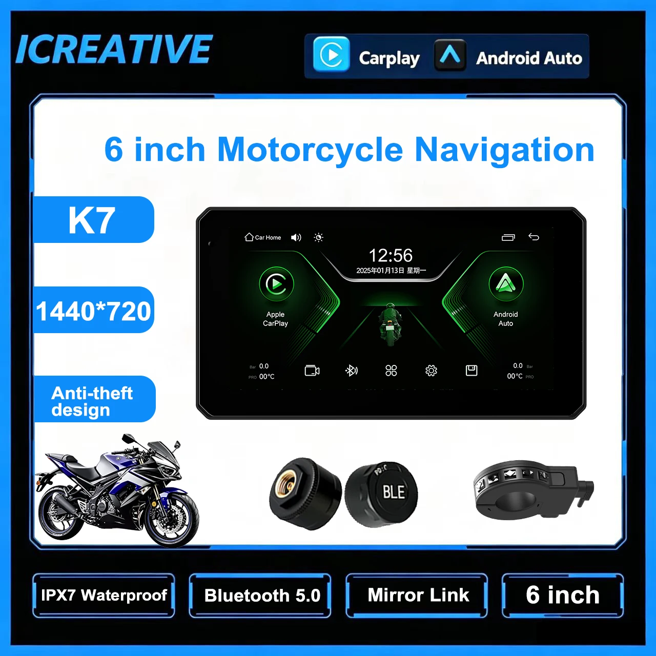 6 Inch IPX7 Motorcycle Navigation GPS Multimedia Player Wireless CarPlay Android Auto Wire Controller Portable Display Screen