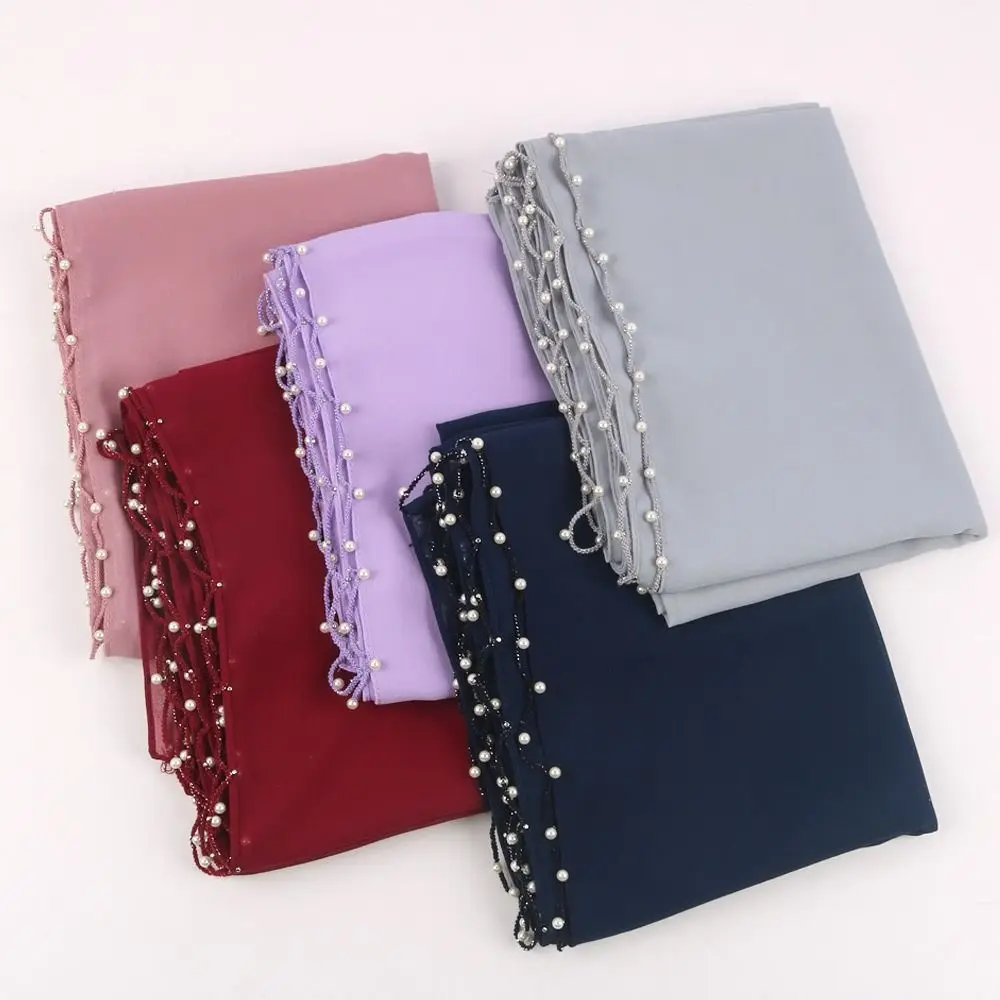 

Элегантный исламский тюрбан с бусинами, шифоновая накидка с жемчугом, шаль с декором в виде волн и цепочек, пашмина, хиджаб, женский платок