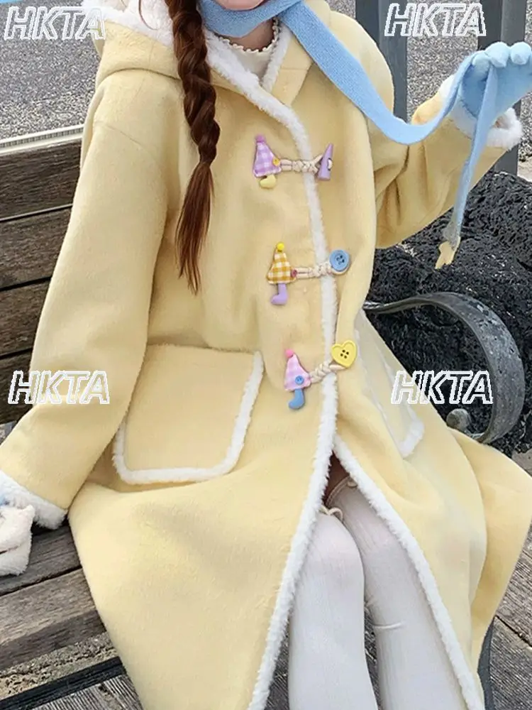 

Милая темпераментная длинная шерстяная куртка с капюшоном и пряжкой спереди, женская осенняя теплая свободная милая стеганая куртка в стиле Лолиты