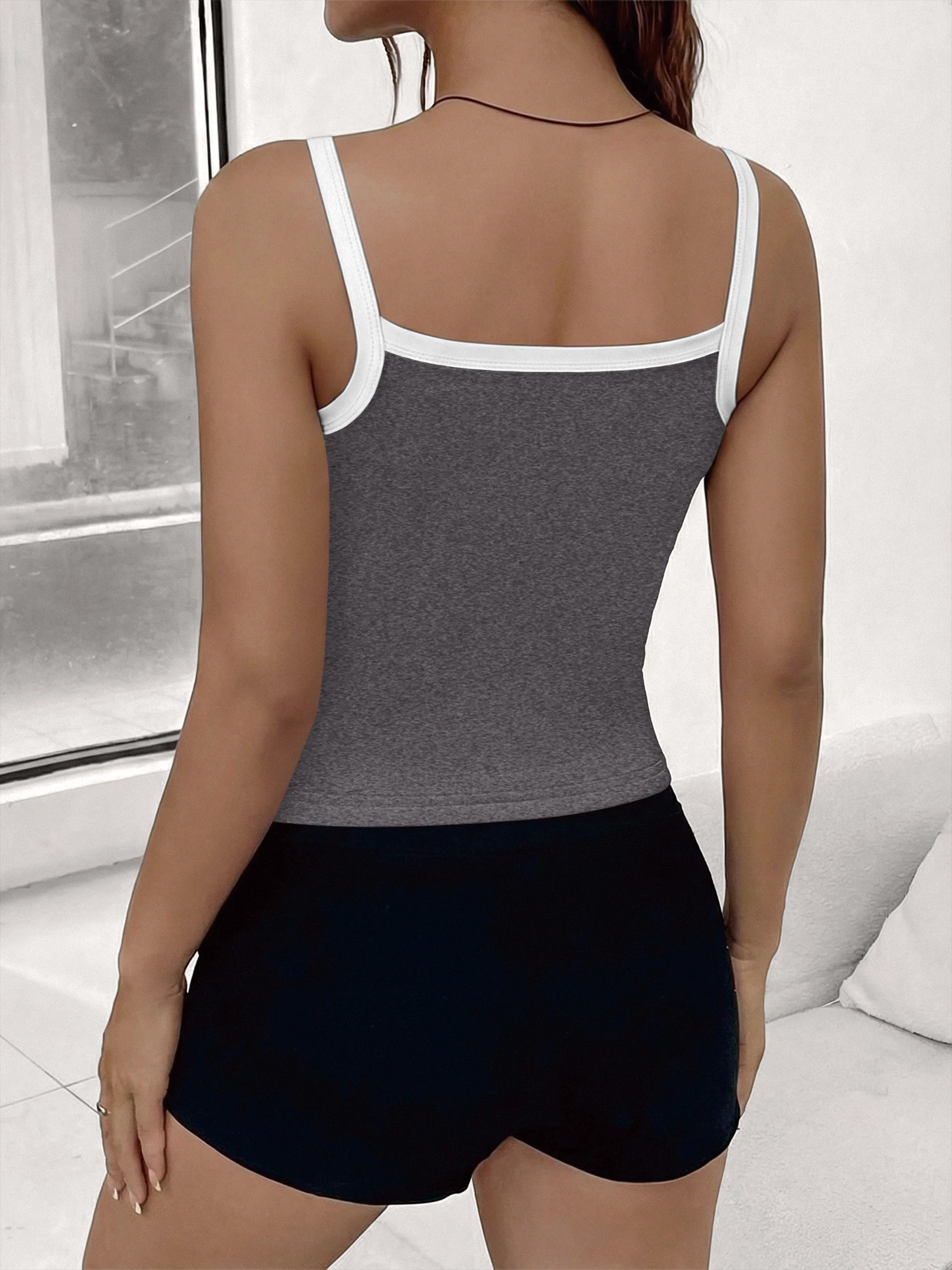 Spicy Girl Coquette Style Cropped Sleeveless Camisole Contrast Binding Solid Slim‑Fit Spaghetti Strap Tank Top Summer Streetwear