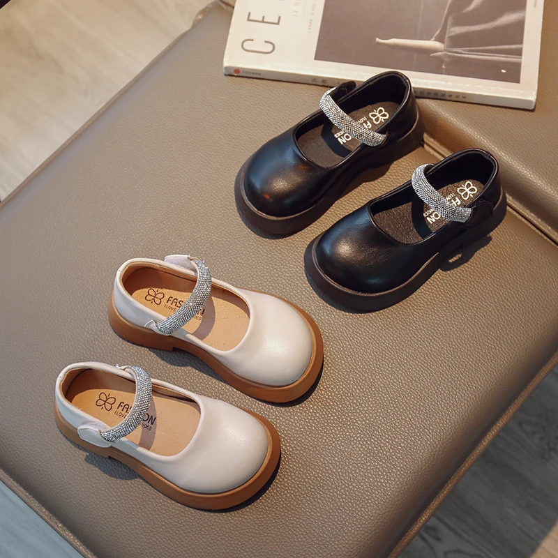 

Новинка 2024, роскошная модная детская кожаная обувь Мэри Джейн с блестками и кристаллами для девочек, школьная детская обувь с массивным круглым носком