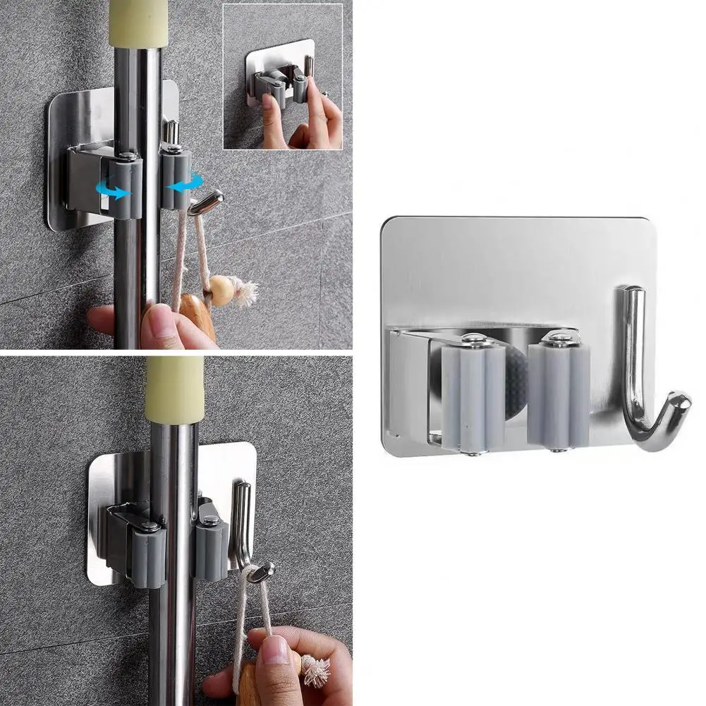 Mop Holder Punch Free Strong Bearing Easy Installation Stainless Steel Wall Mount Organizer Hook Kitchen Bathroom Accessories