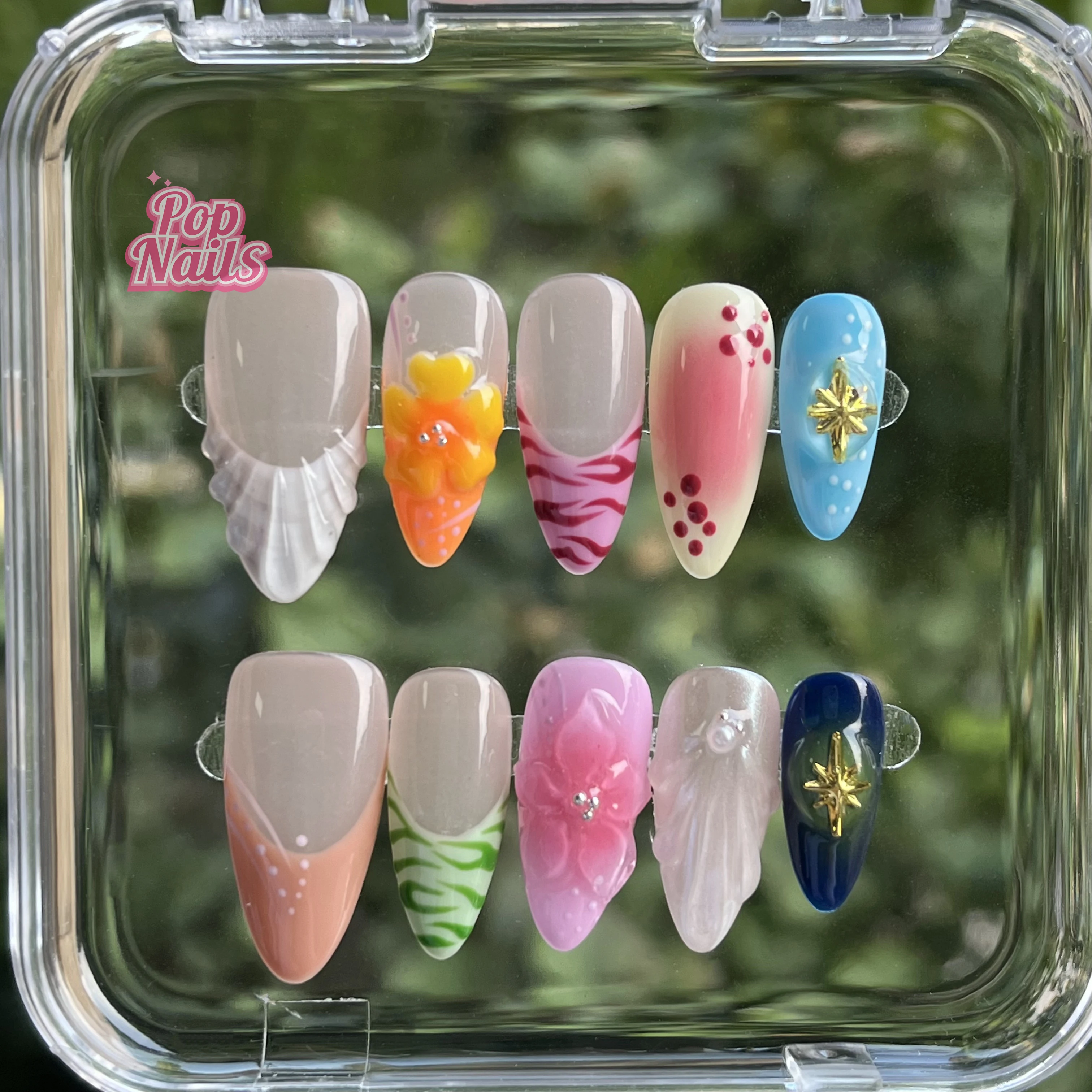 Flowers Tips Hawaii Vacation Style Wholesale 3D Flower Shell Nail Art Private Label Acrylic Handmade Short Almond Press On Nails