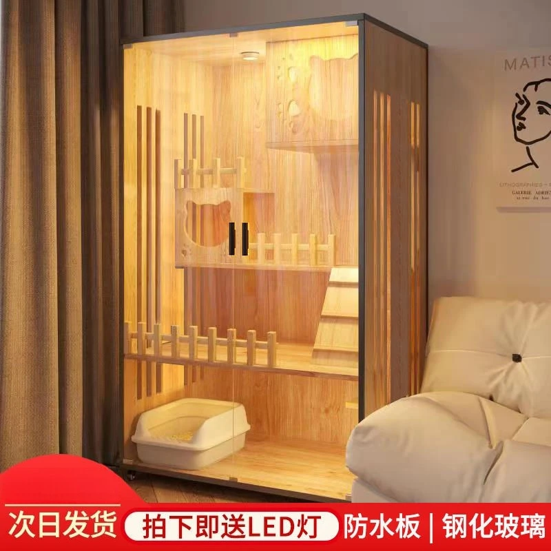 

No land occupied cage cat villa with toilet integrated cabinet three-layer household indoor cat house solid wood