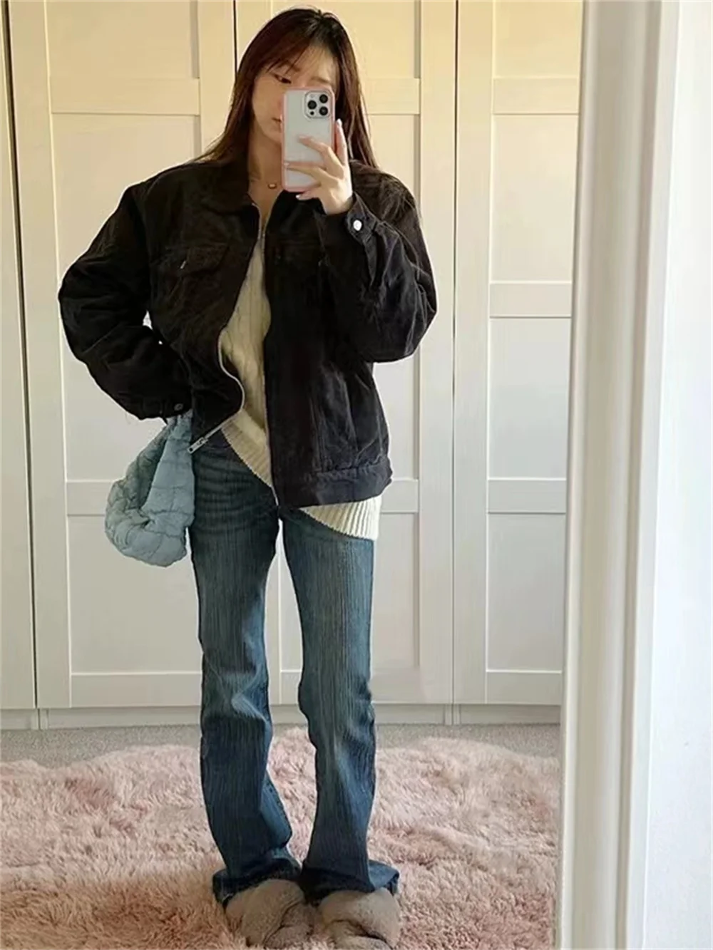 Fashion Women Jacket 2023 Winter Casual Ladies Vintage Zipper Corduroy Denim Long Sleeves Solid Jacket For Women\'s Outwears