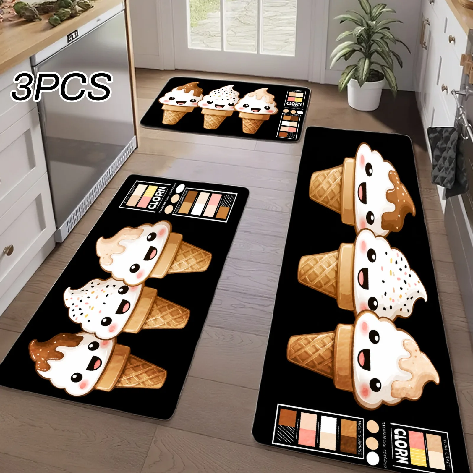 3PCS Kitchen Rugs,Home Decoration for Front Door, Kitchen, Bathroom, Ice Cream Cone Faces Pattern Print Dining Mat