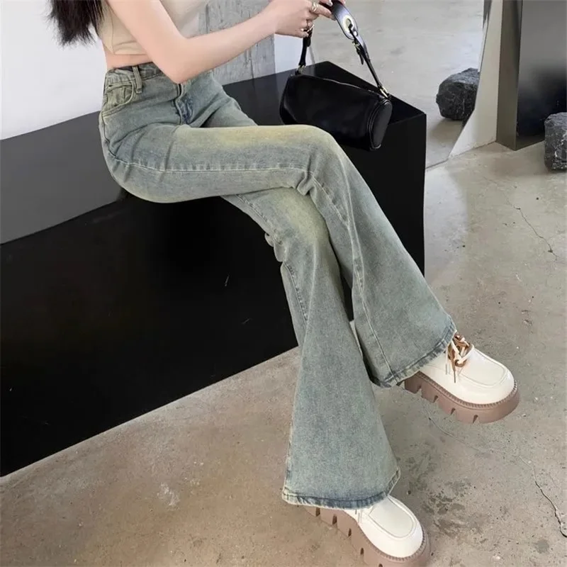 

Retro Light Color Slightly Flared Jeans For Women In Spring And Autumn American Style High Waist Slim Fit Horseshoe Pants Straig