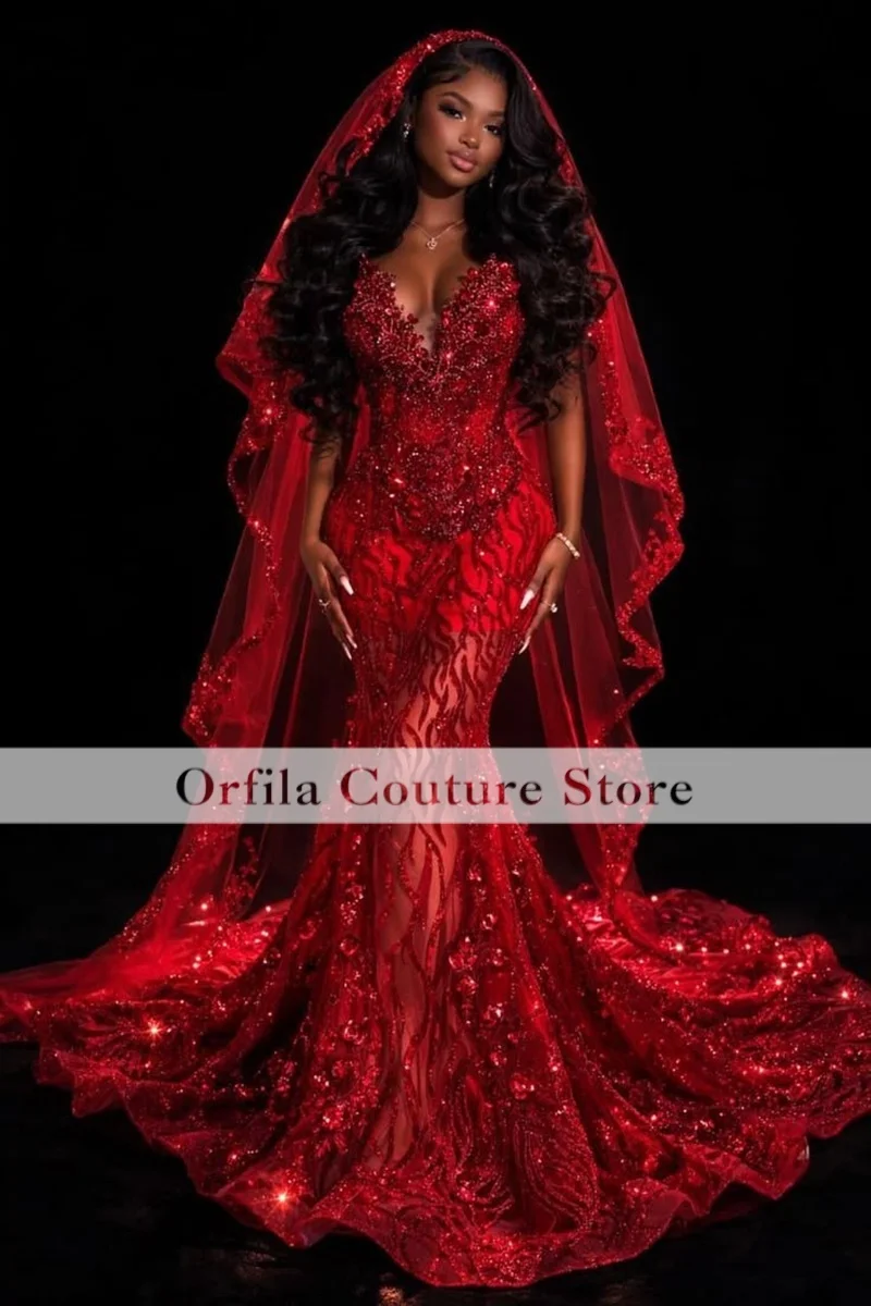 Black Girls Mermaid Prom Dresses WithVeil 2026 Sequin Beading Mermaid Party Gowns Sweetheart Evening Dress Customized
