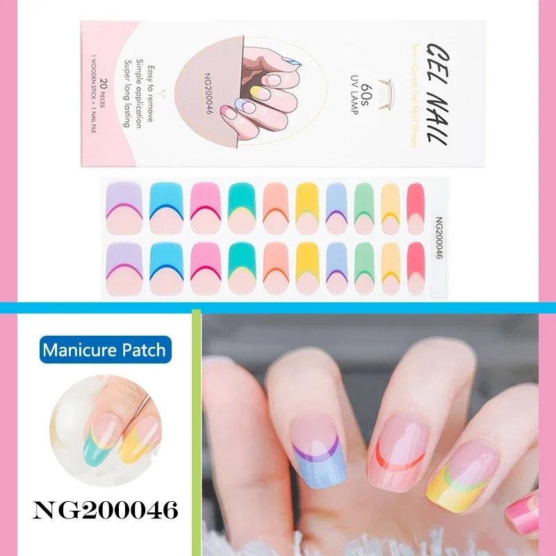 20Tips Semi-Cured Gel Nail Polish Strips Adhesive Full Cover Gel Nail Art StickerFashion Manicure Press On Nails UV Lamp Need