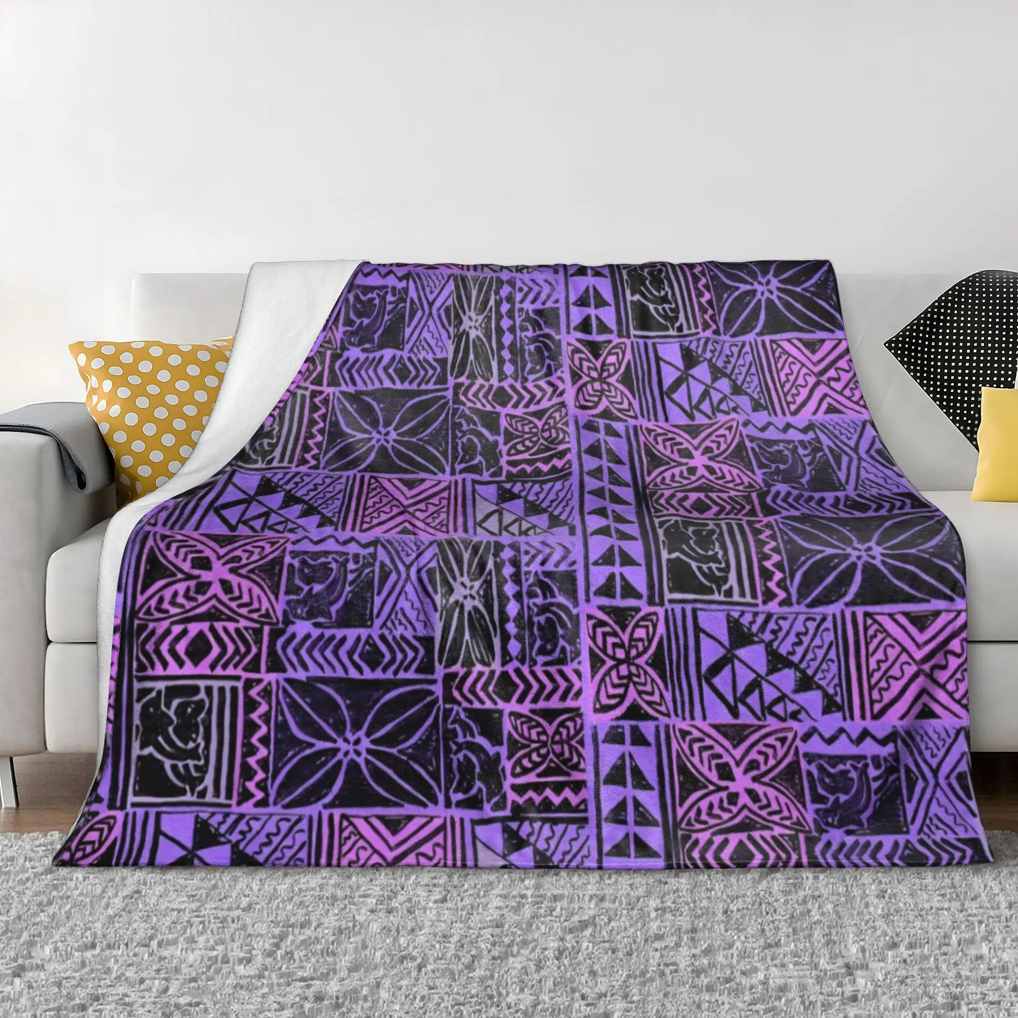 Polynesian Tongan Orchid Tapa Blanket Fleece Spring Autumn Tribal Multi-function Lightweight Throw Blankets for Travel Bedspread