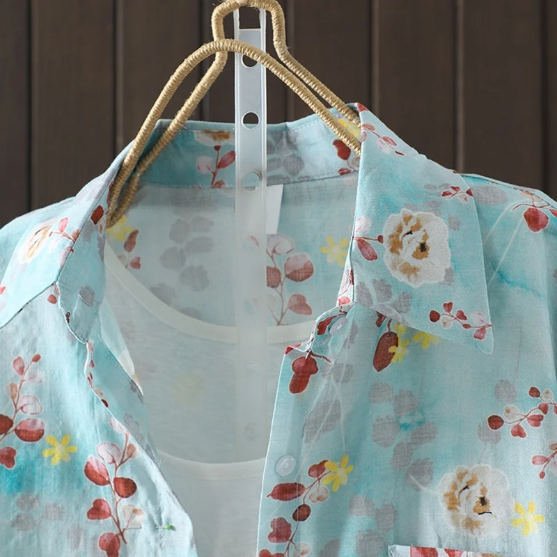 Alta qualidade algodão linho longo sve floral impressão casual irt coreano sle único botão quali topo feminino faion primavera