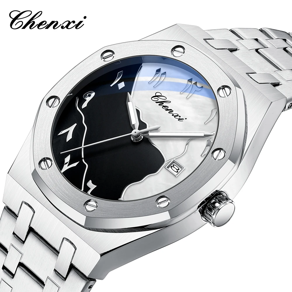 

Мужские часы CHENXI класса люкс с календарем, из нержавеющей стали, водонепроницаемые, светящиеся, кварцевые наручные часы