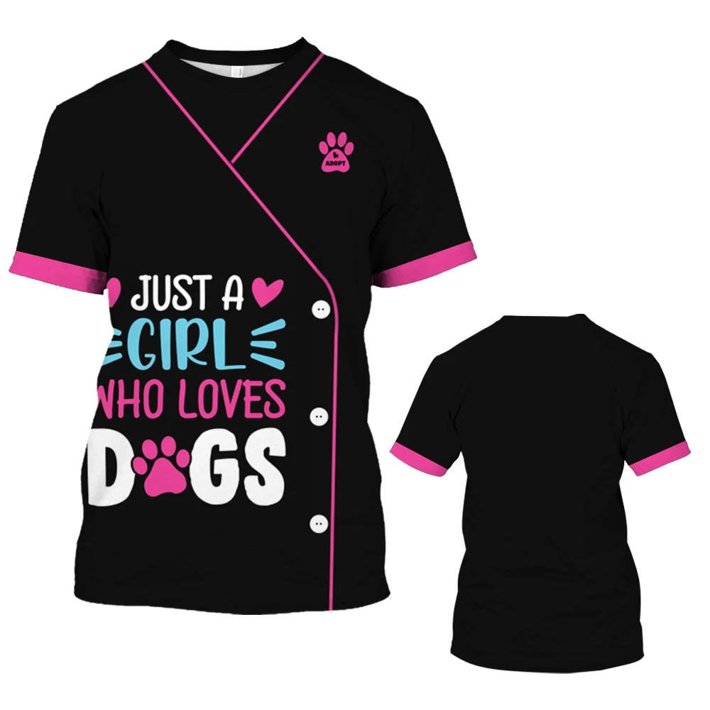 Camiseta de manga corta con cuello redondo para hombre y mujer, uniforme divertido de tienda de mascotas, estampado 3D de peluquero de animales,