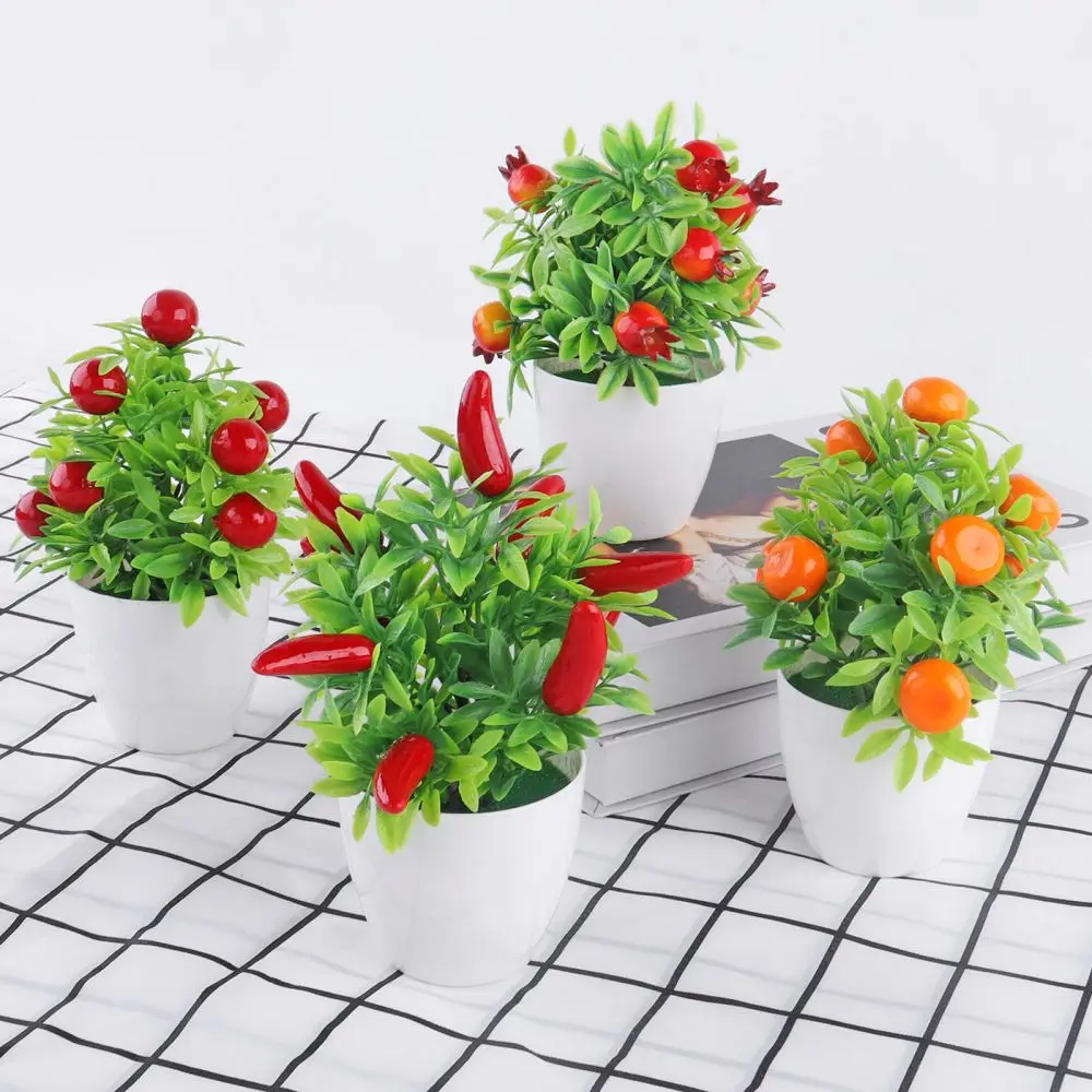 Photography Props Fake greenery Windowsill Ornament Pomegranate Chili Fruit Tree potted Orange Berries Artificial Plants Bonsai
