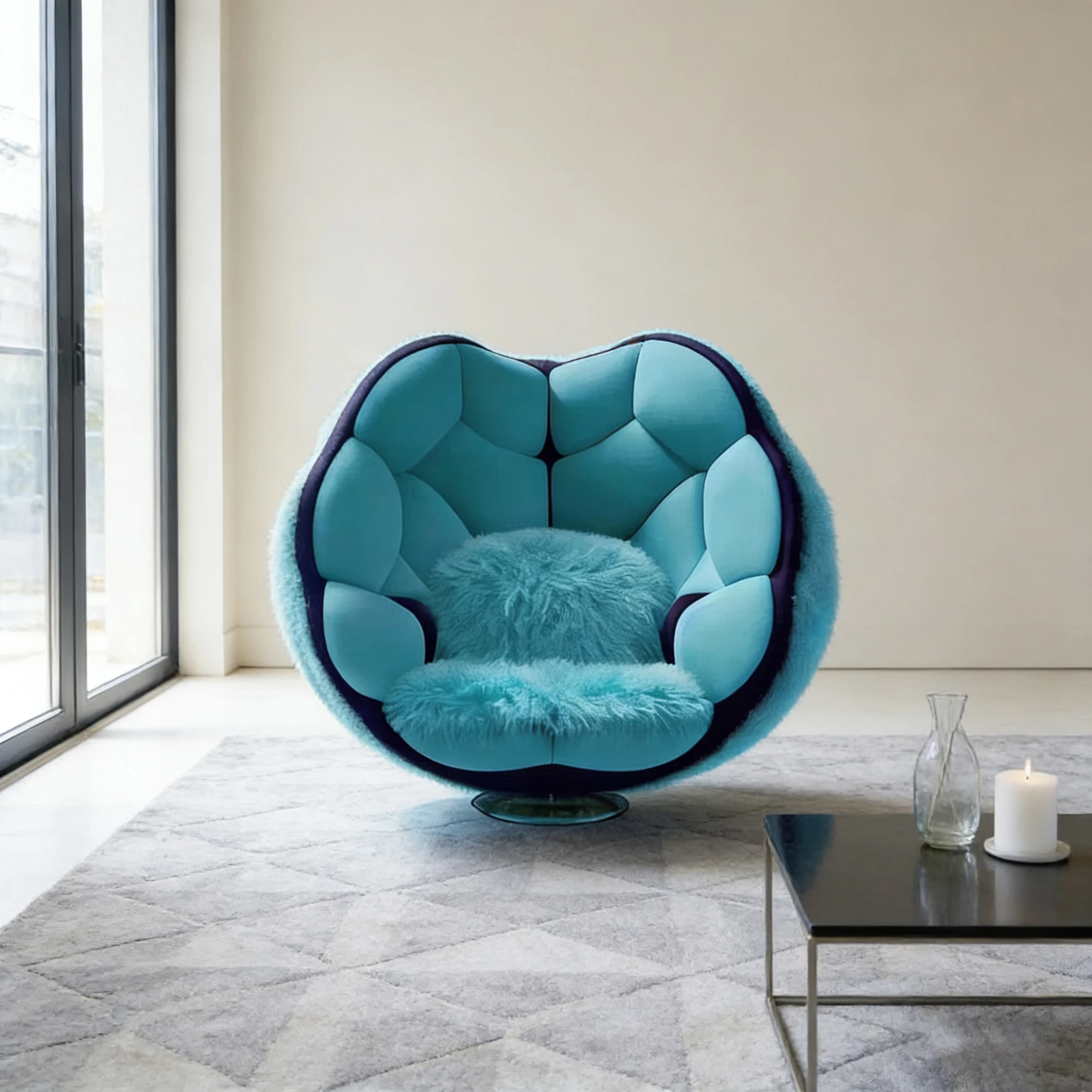 

klBlue Purple Color Block Petal Shape Plush Leisure Chair With Rotatable Base Living Room Chair！